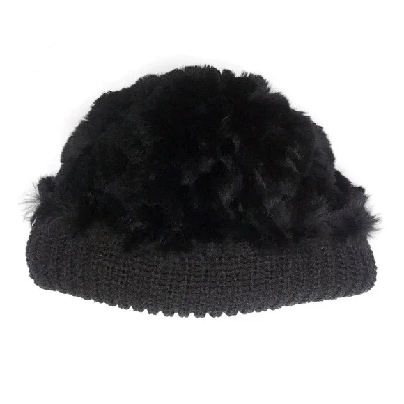 NWT Reversible Knit Beanie Genuine Fur Hat in Solid Black Overstock MSRP $68 - Picture 7 of 7